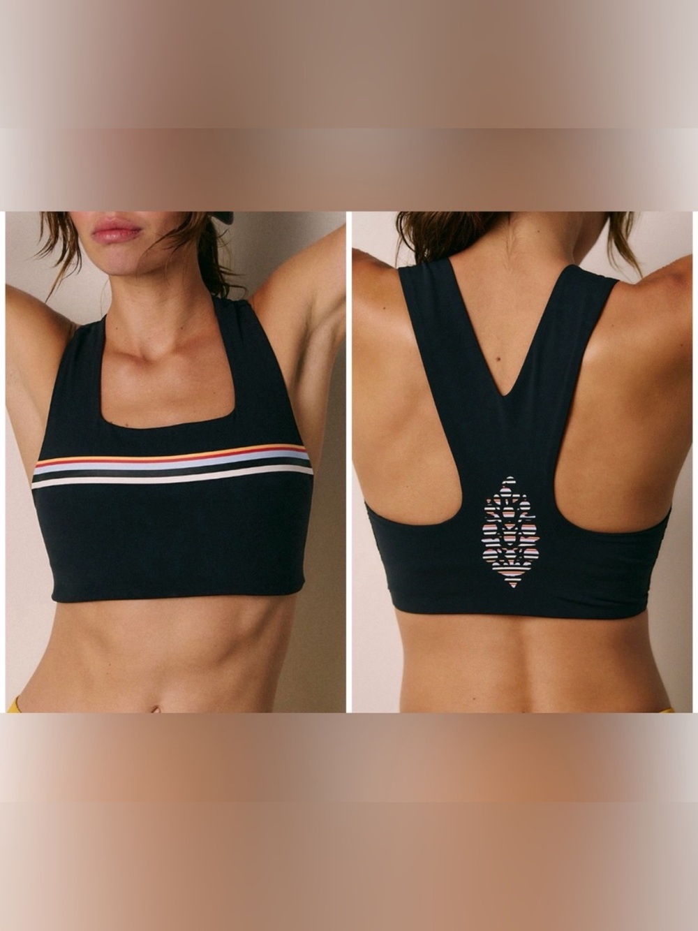 NWOT Free People FP Movement Win Win Printed Sports Bra - Striped Logo Black - L